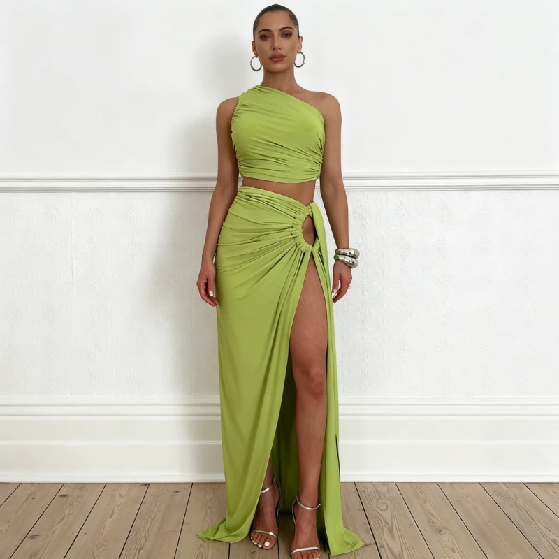 

Летние каникулы Стиль Сексуальный облегающий зеленый женский комплект платьев Новая мода Топы без рукавов без бретелек с открытой спиной Длинная полая юбка с разрезом