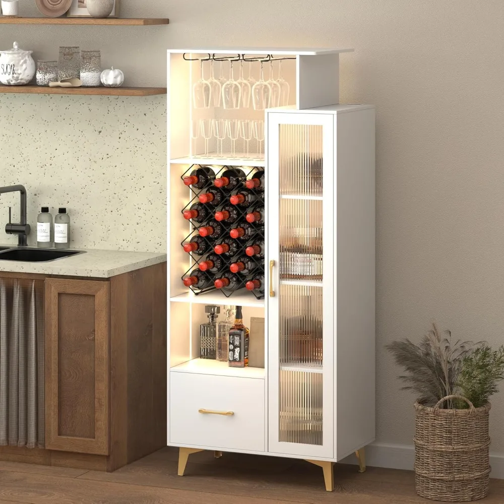 

LED Liquor Wine Cabinet, Wine Bar Cabinet with USB Port, Bar Cabinets for 18 Bottle Wine Rack and 3 Glass Holder, Tall Si