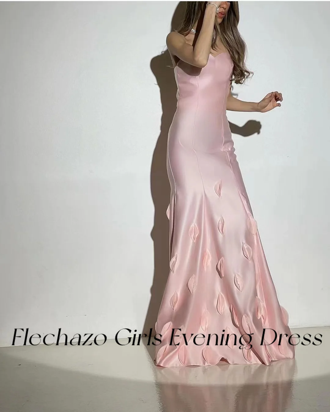 Flechazo Pink Satin Evening Dresses Strapless Applique Floor-Length Occassion Party Dress For Women 2024 vestidos de fiesta