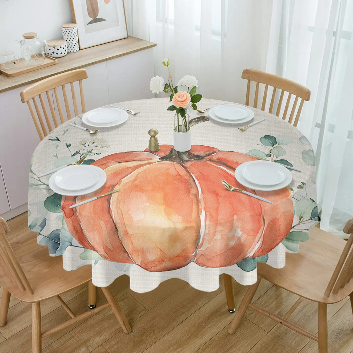 

Thanksgiving Eucalyptus Pumpkin Round Tablecloth Waterproof Wedding Party Table Cover Holiday Dining Table Tablecloth