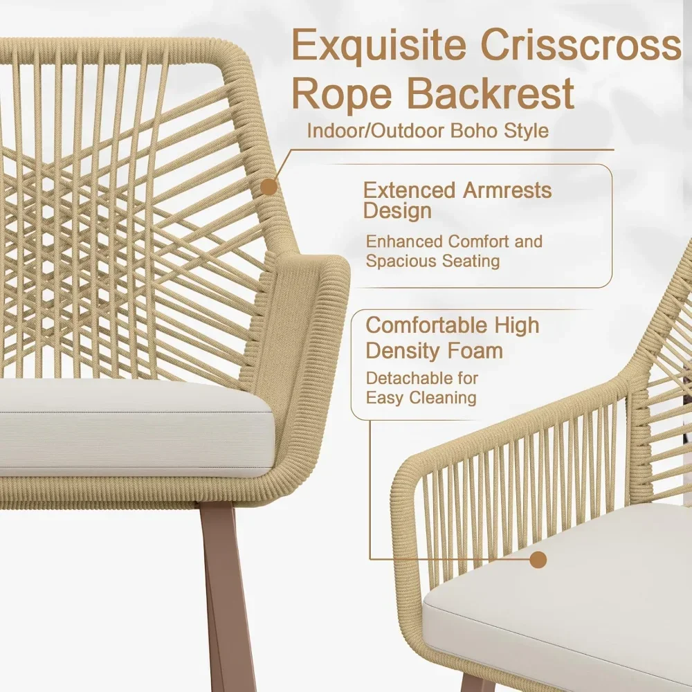 Zestaw 2 stołków barowych o wysokości blatu, krzesła rattanowe na patio z zakrzywionym oparciem, aluminiowa rama, styl boho z miękkim siedziskiem.
