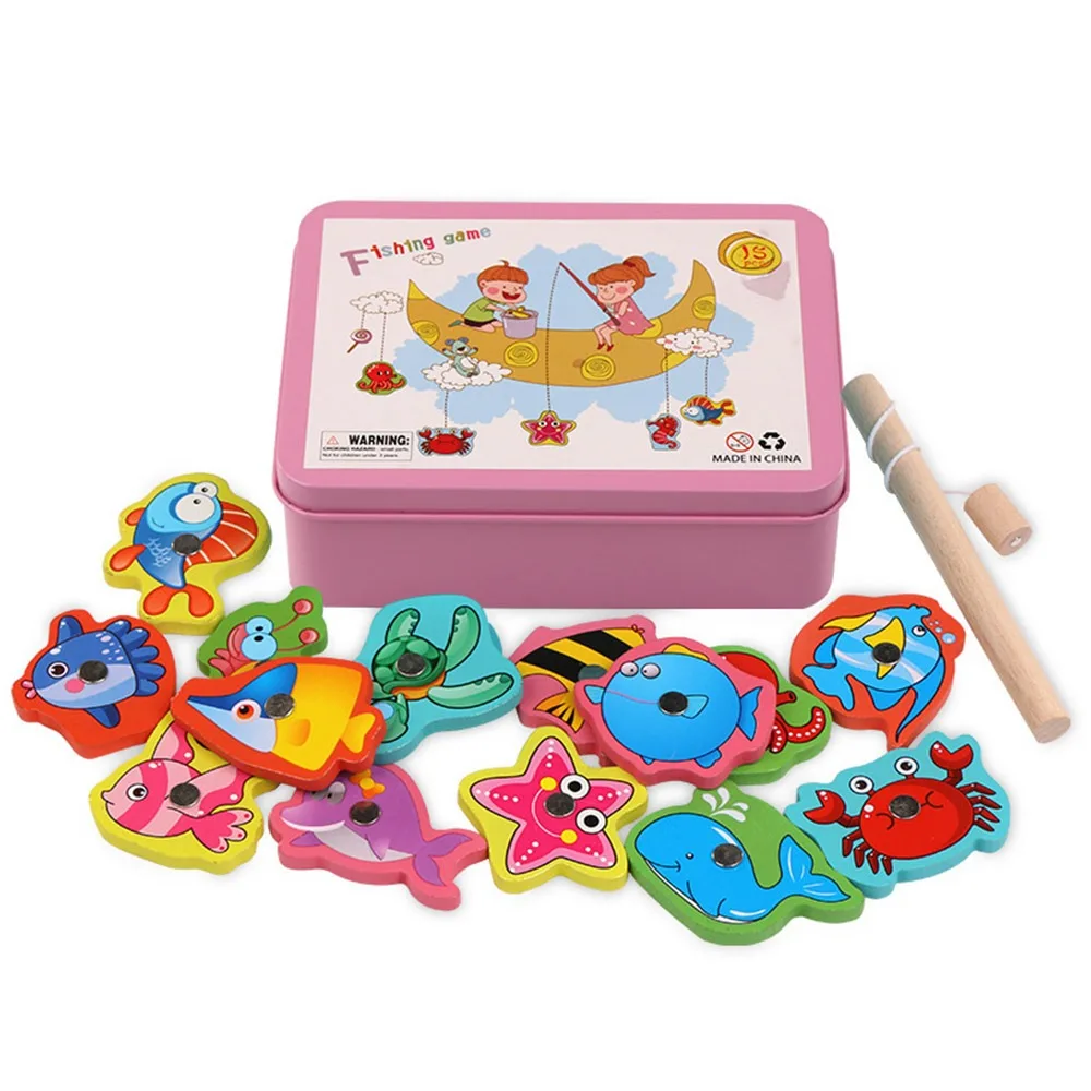 Multicolor Montessori Fishing Game Wood Cartoon Fish Magnetic Fishing Toy Metal Box Packaging Interactive Toy Educational Toy