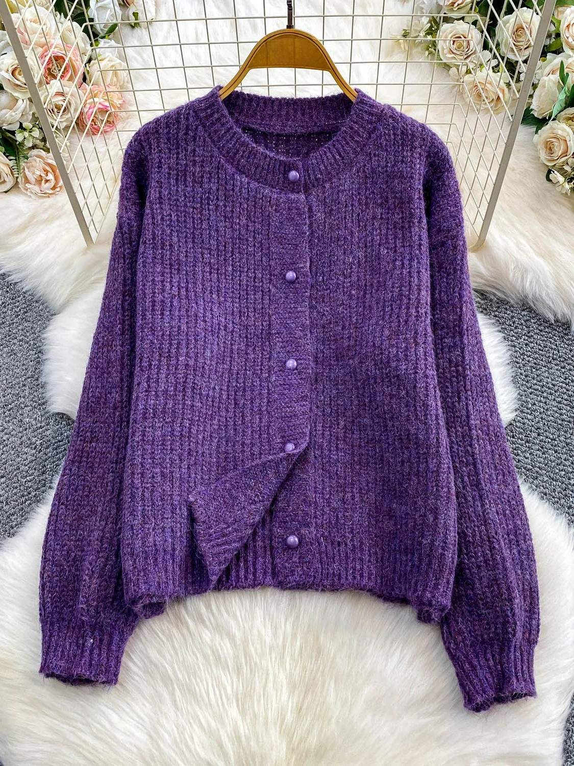

Ele Purple round Ne Knitted Sweater Women's Winter Faion Soft Plu Comfortable Loose Fit Long Sve Casual Top