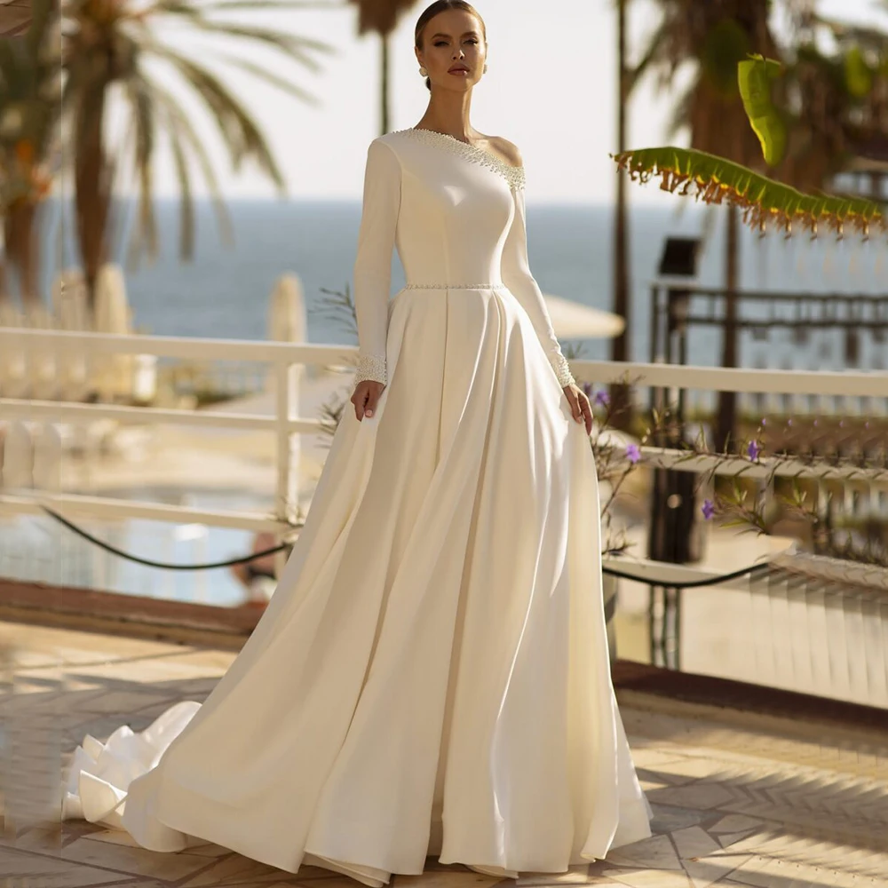 

Classic A-Line Bride Wedding Dress Boat Neck with Pearls and Belt Long Sleeves Bridal Floor Length Sweep Train Church Gowns Robe