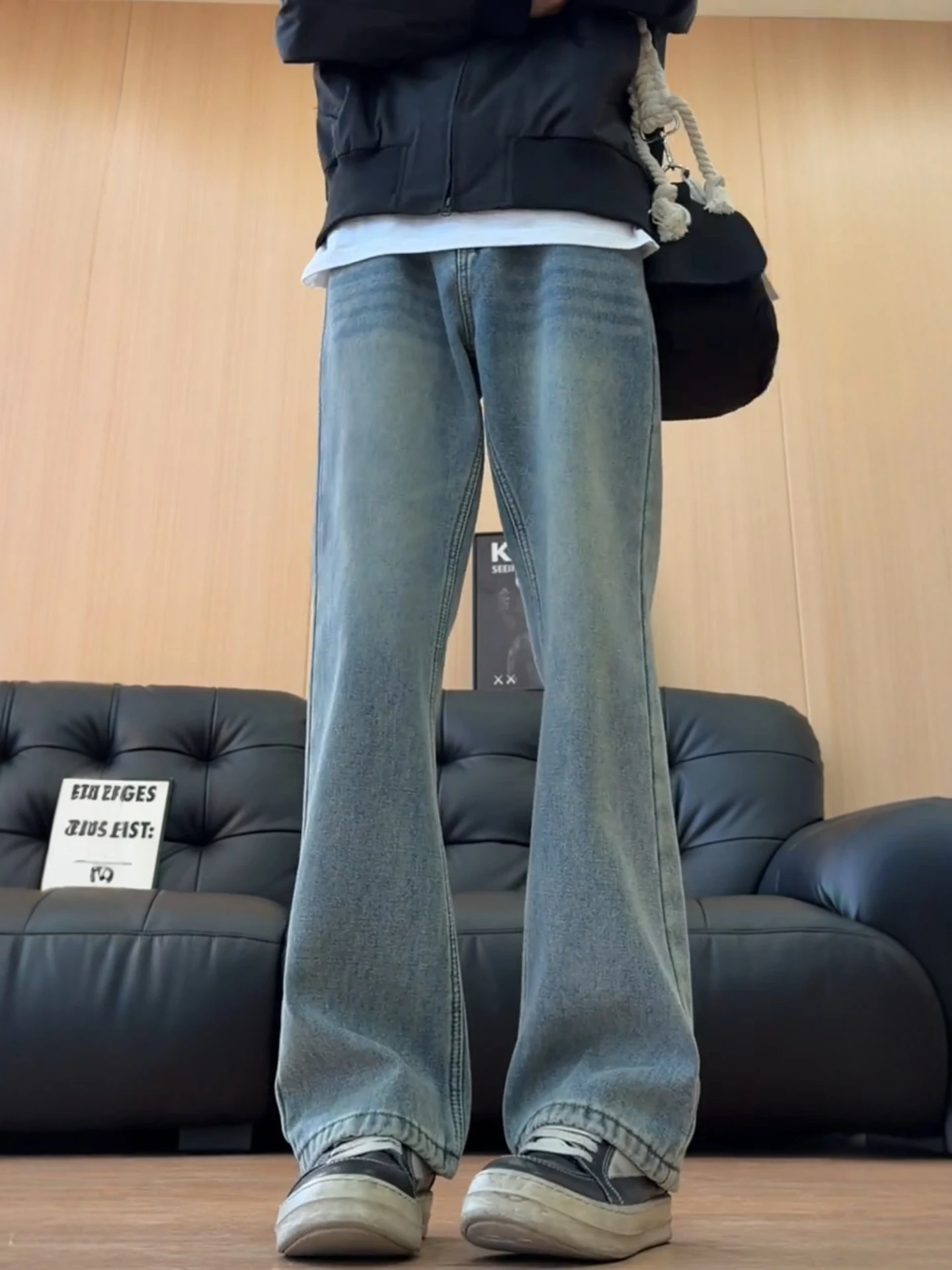 

Ретро синие джинсы с прямыми штанинами на подкладке Thi, мужские уличные утягивающие длинные ноги, удлиняющие брюки-колокольчики, нож Le Pattern