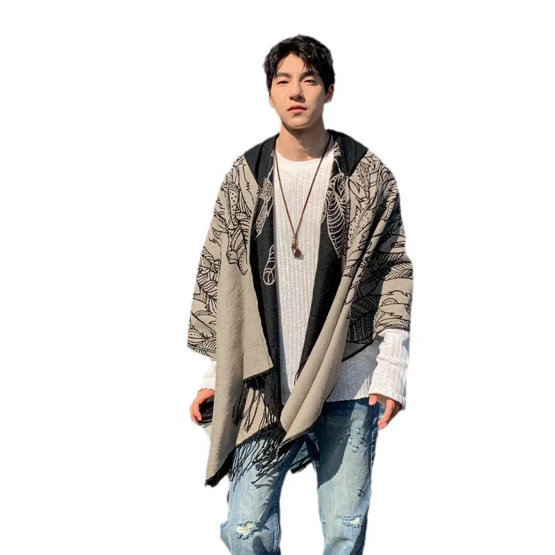 

Autumn and winter men's cloak travel imitation cashmere hooded cloak warm double-sided ethnic shawl cloak scarf trend P3