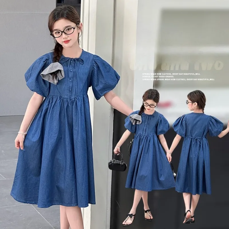 여아 여름 원피스 여름 패션 아동 톈시 데님 드레스 키즈 퍼프 소매 공주 드레스 2025 신상