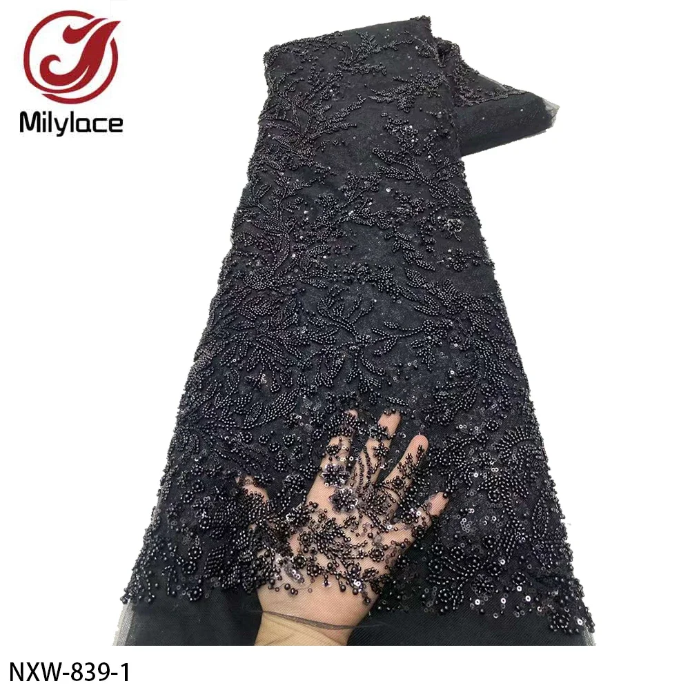 

African Heavy Beaded Lace Fabric High Quality 5 Yards Embroidery Nigerian Sequins Tulle Fabric for Wedding Party Dress NXW-839