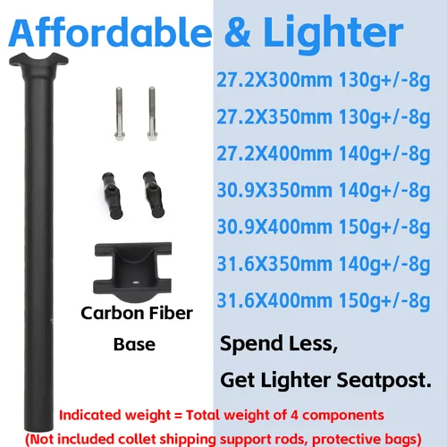 Imagen 2 del producto Tija de sillín de bicicleta ELITA ONE de carbono ligero 25.4/27.2/30.9/31.6mm para MTB/Bicicleta de carretera 300/350/400mm