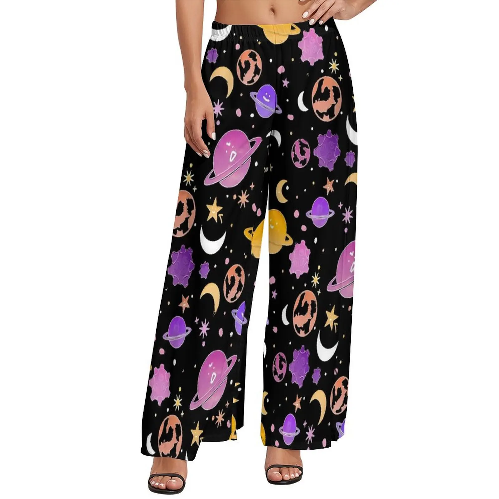 

Space Print Pants Stars Moon Galaxy Street Fashion Straight Wide Leg Pants Elastic High Waist Workout Trousers Large Size