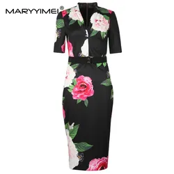 MARYYIMEI Fashion Designer Summer Women's dress V-neck Short sleeved Floral-Print Slim Package hip Elegant Dresses