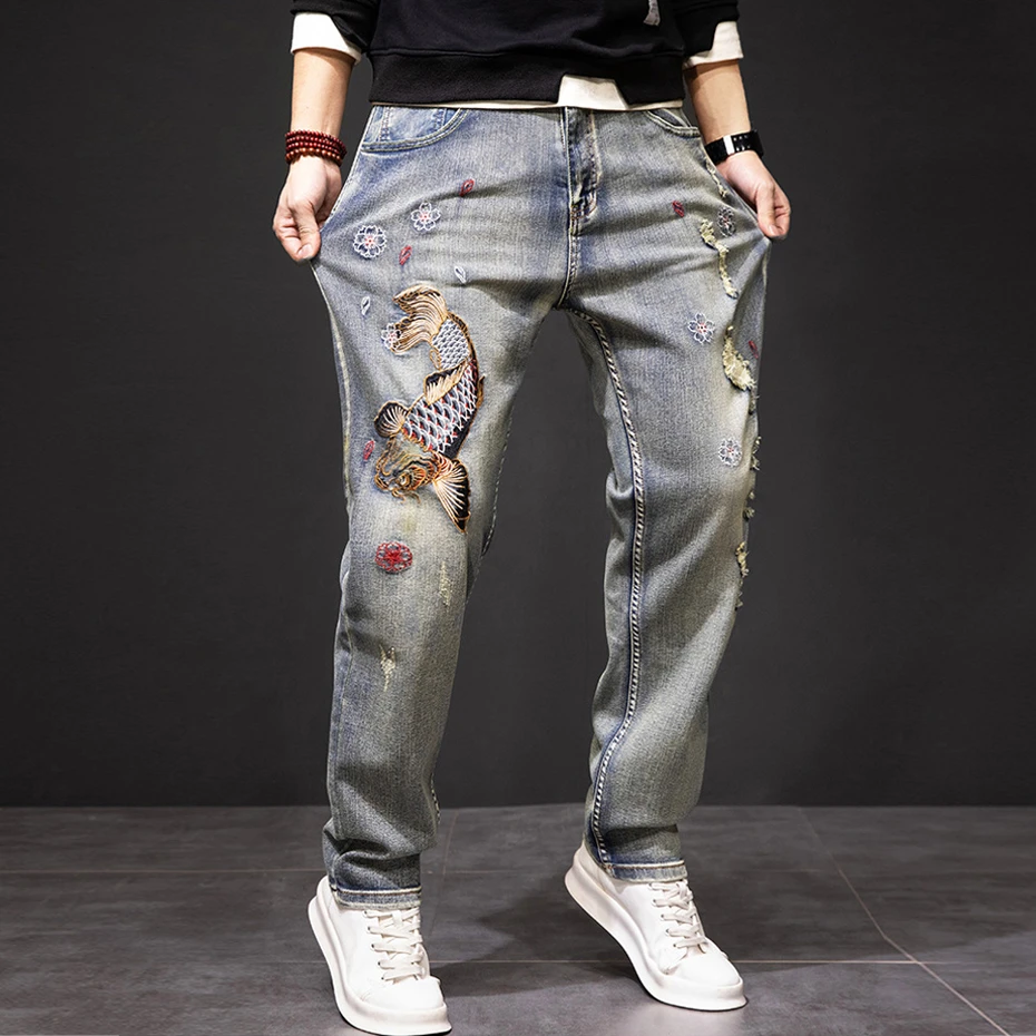 Carp Embroidered Jeans Men Streetwear Denim Pants Fashion Ripped Jeans Pants Plus Size 40 41 Trousers Male Bottoms