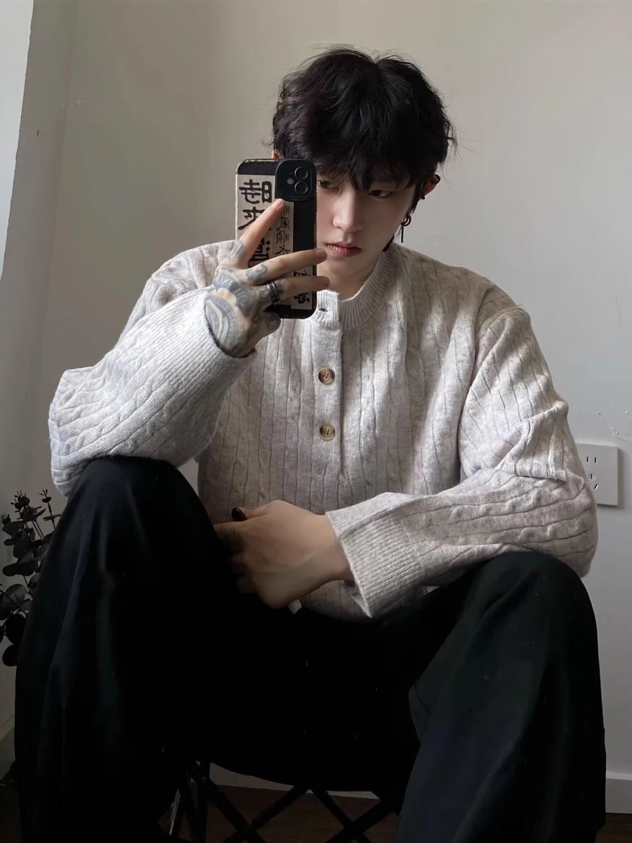 

Retro Striped f Open M Sweater Winter New American Lazy Loose Casual Couple Warm Knitted irt Button Closure Loose Fit...