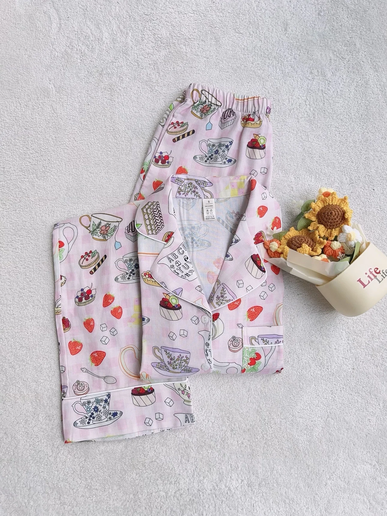 comfortable-breathable-pure-cotton-long-sleeve-pants-nightgown-home-clothes-set-for-women-coffee-strawberry-print-summer-pyjamas