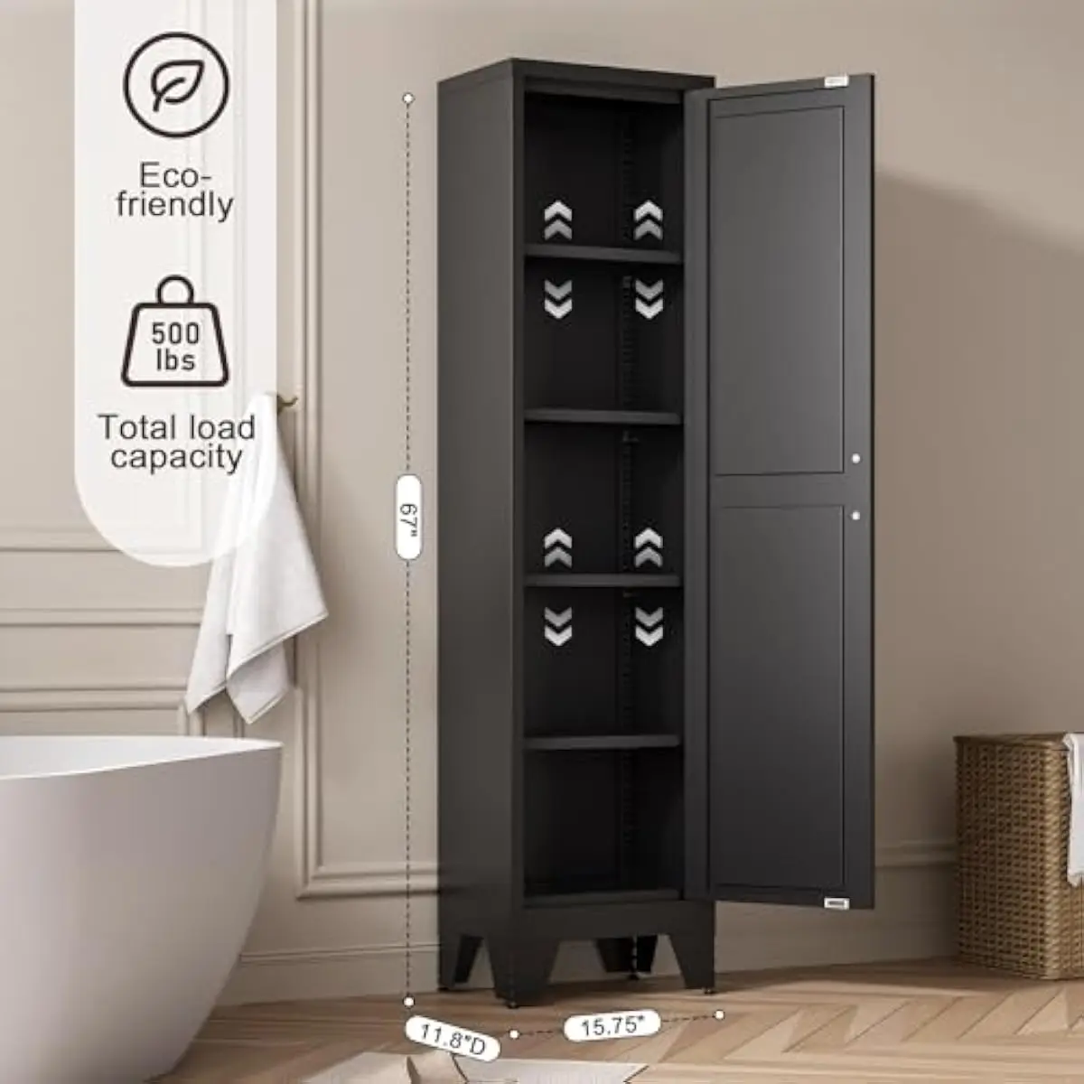 Tall Slim Metal Cabinet with 5 Height-Adjustable Shelves and Reversible Barn-Style Door Ideal for Bathroom Kitchen Pantry Entryw