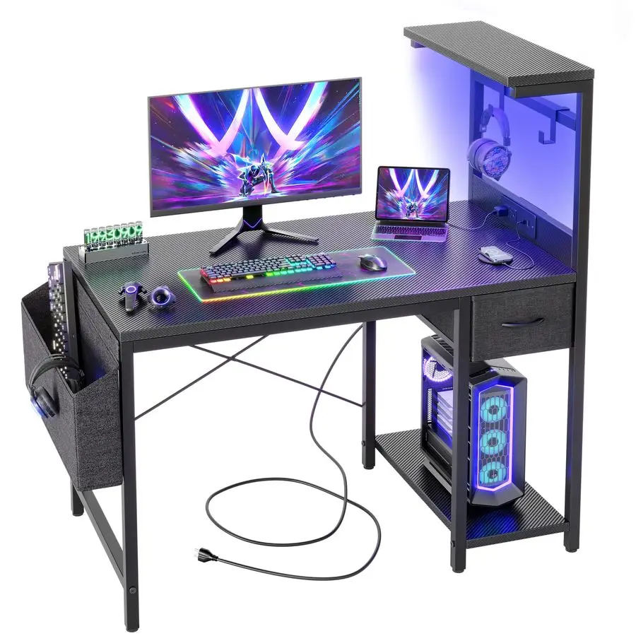 Gaming Desk 40 inch with Power Outlet and LED Light, Computer Desk with Reversible Shelves and Storage Drawer, Small PC Desk fo