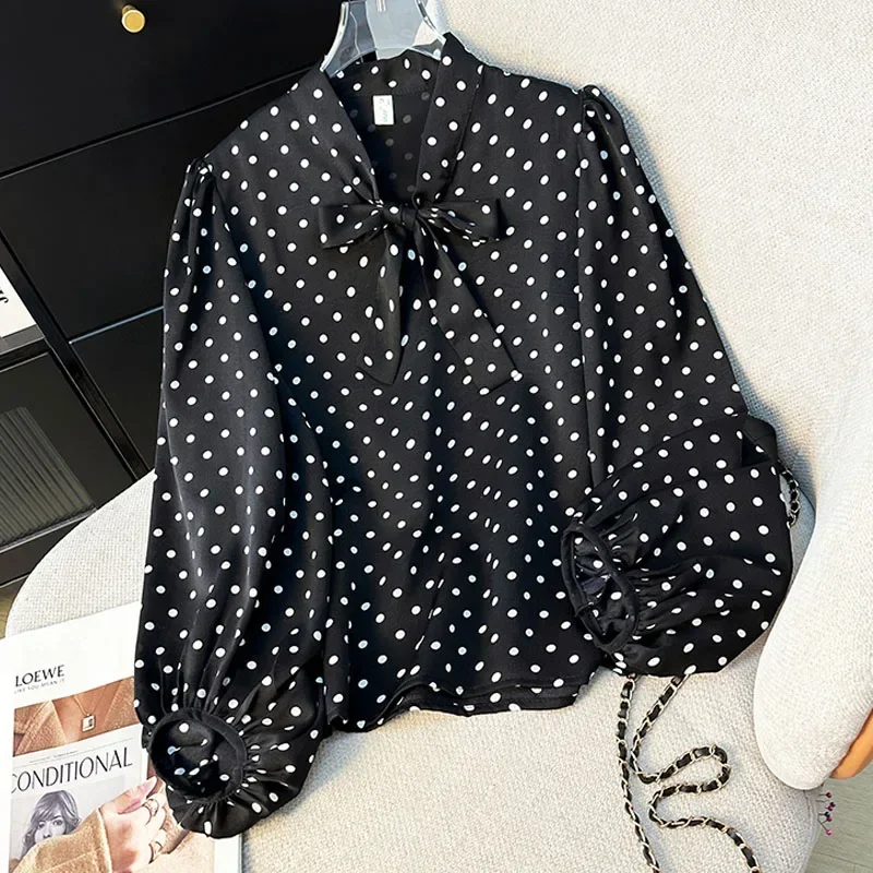 

Женская блузка-рубашка с длинным рукавом, с бантом на воротнике, элегантная, в горошек, топы, рубашки, блузы, 2026 Q517