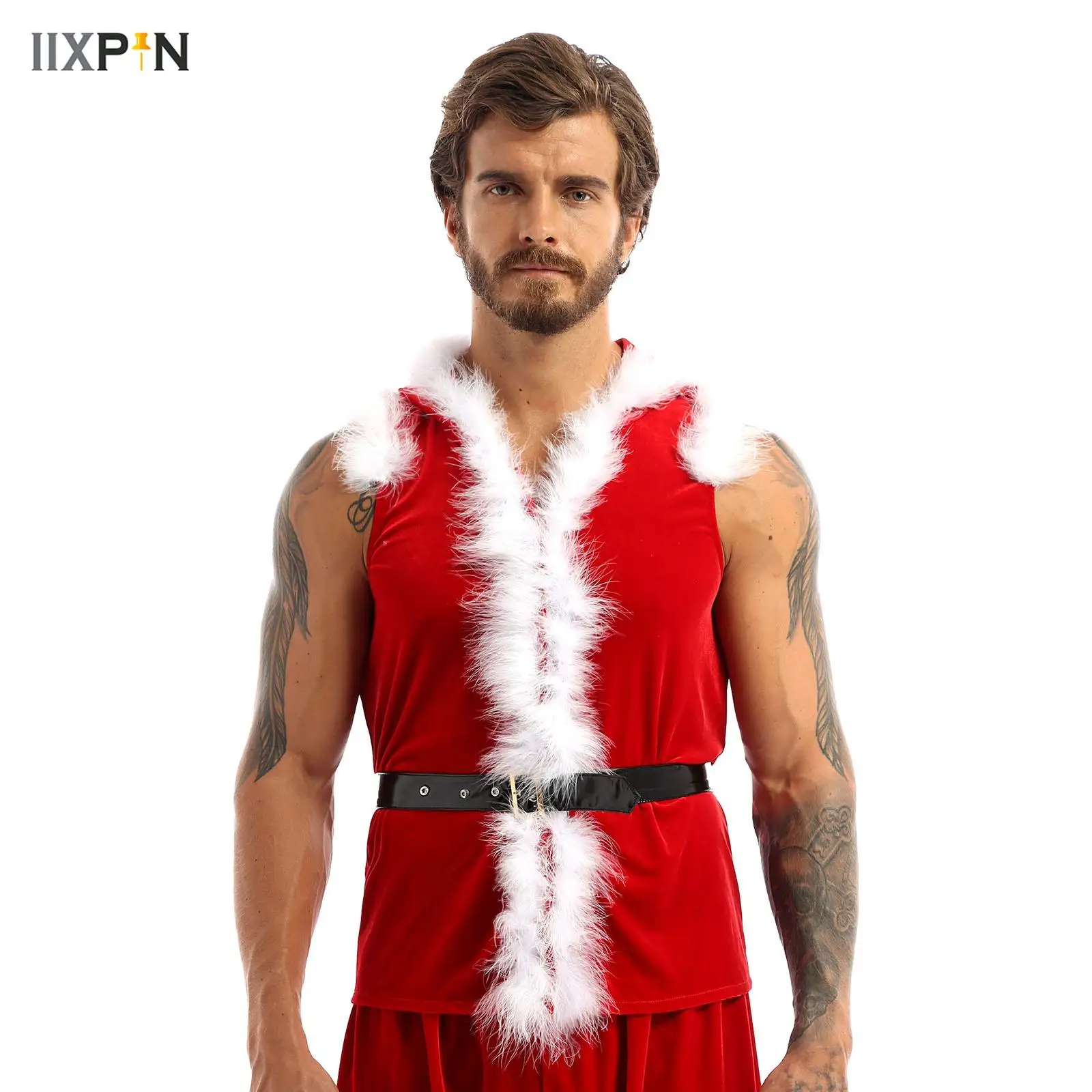 

Mens Christmas Party Velvet Hooded Coats Muscles Santa Claus Costume Faux Fur Hodded Waistcaot Vest Tops with Belt Xmas Clothes