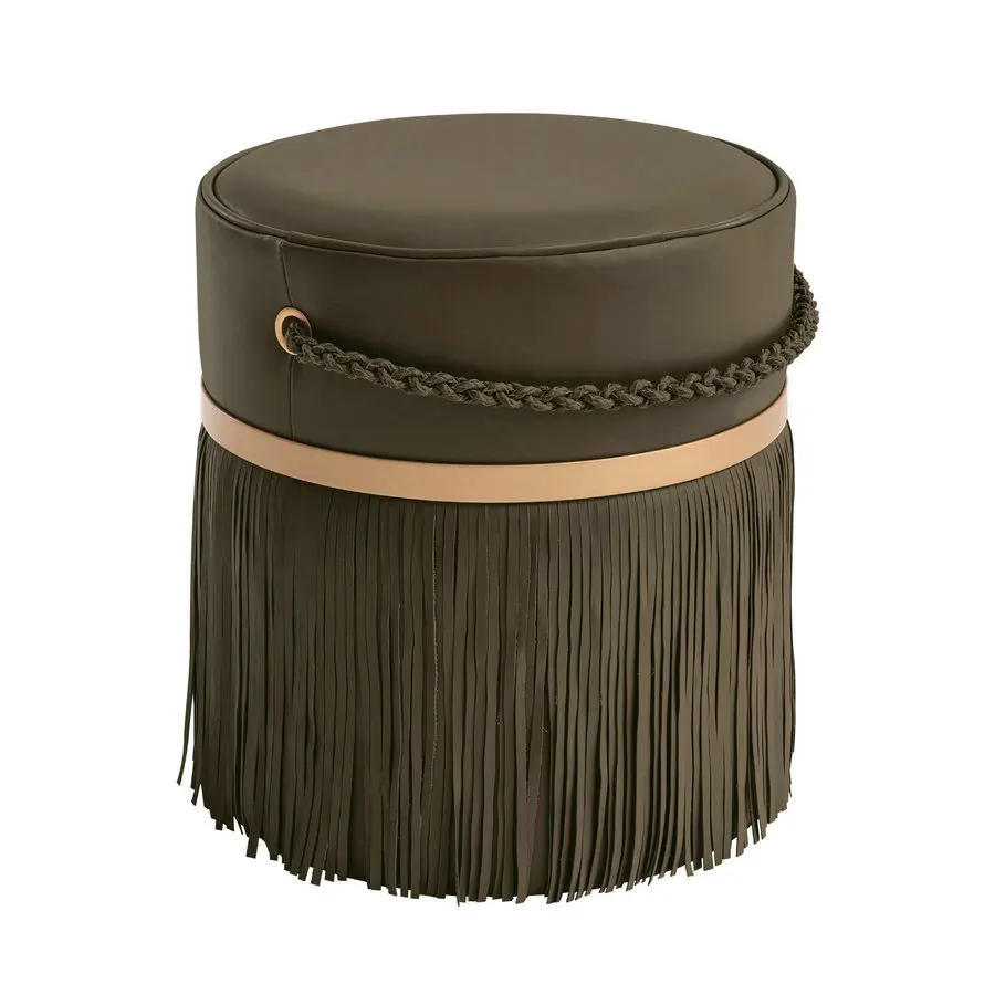 #21st Century Esthetic Design Leather Fringes Ottoman with Chain Handle Handmade Personalized Tassel Pouf Chair for Home Office