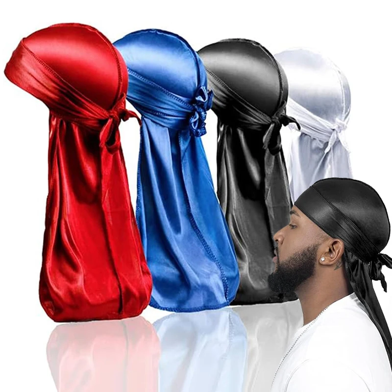 1-4 szt. Nowy jedwabny Durag chustka Turban kapelusz mężczyźni oddychający długi ogon Doo Rag dla mężczyzn Durags kapelusz piracki z pałąkiem na głowę