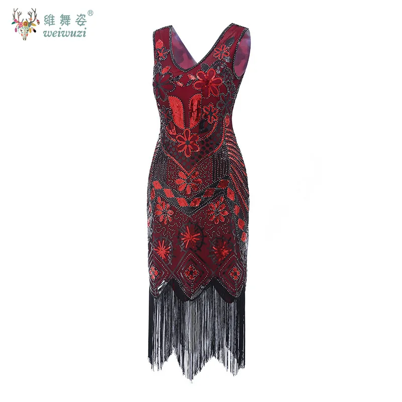레트로 스타일 V넥 태슬 이브닝 드레스 민소매 스팽글 비즈 자수 꽃무늬 댄스 이브닝 드레스 공연 의상