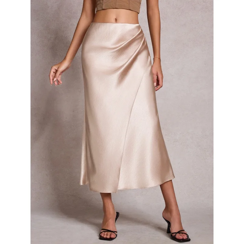 

Новая плиссированная атласная юбка KEXU 2026 с эластичным поясом, однотонная, элегантная, облегающая бедра, длинная