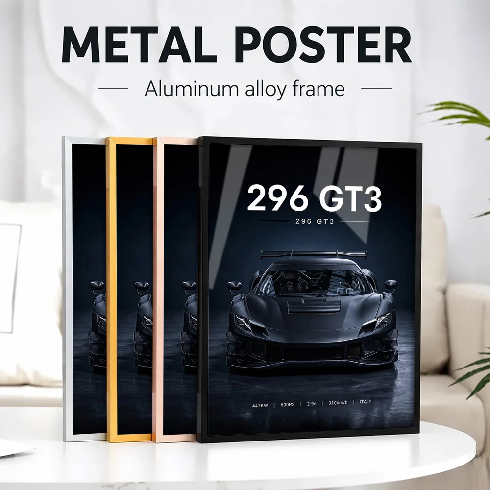 Sleek Black Italy 296 GT3 Race Car Metal Poster With Aluminum Alloy Frame Personalized Photo Track Style Wall Art For Workshop