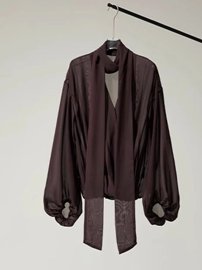 

Женский топ с V-образным вырезом и драпировкой, свободного кроя, повседневный, из полупрозрачного шифона, весна 2024, полиэстер, многослойный дизайн