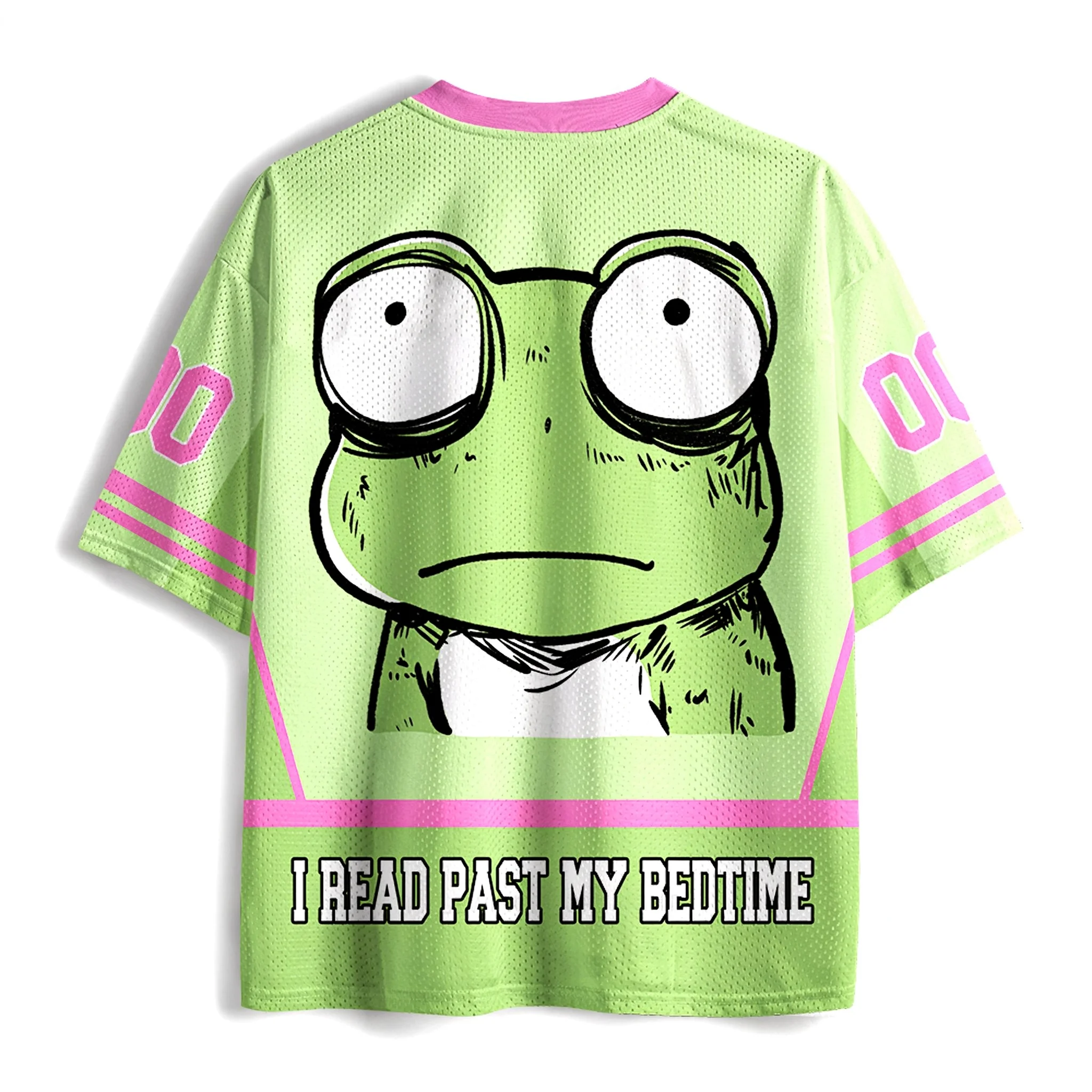 I Read Past My Bedtime Frog Mesh Jersey Tshirt, Light Green Cartoon Frog V Neck Short Sleeve Sports Top