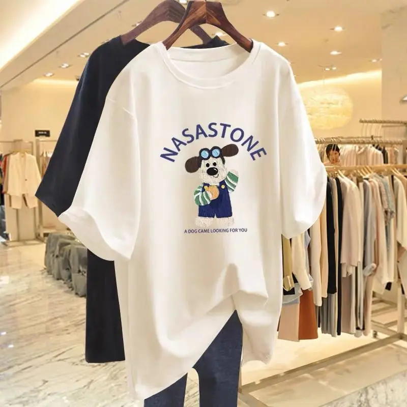 صيف جديد أزياء فضفاضة الكرتون قصيرة الأكمام تي شيرت النساء الملابس كل مباراة س الرقبة القطن الخالص الأساسية البلوز الحلو الأعلى تيز