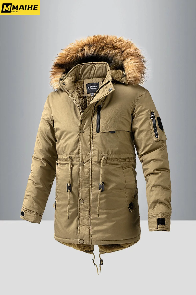 2023 Men's winter long parka windproof hooded thick warm fur collar coat new men's outdoor army green tactical cargo plush jacke