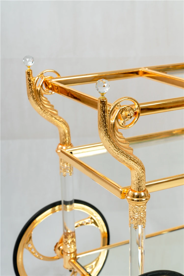 Medieval Vintage Dining Cart Hotel Bar Family Dining Service Cart Gold Copper Trolley