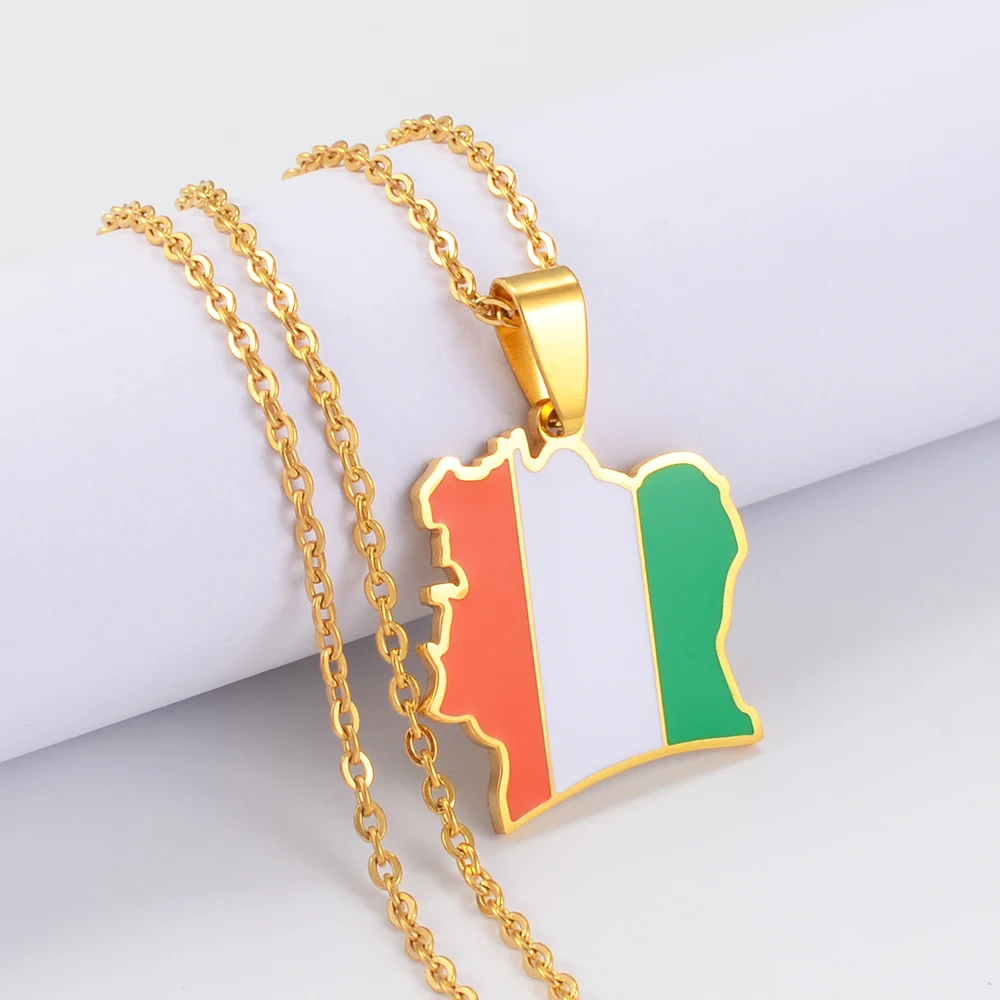 Anniyo Ivory Coast Map Flag Pendant Necklaces Cote d\'Ivoire Stainless Steel Jewelry @277721