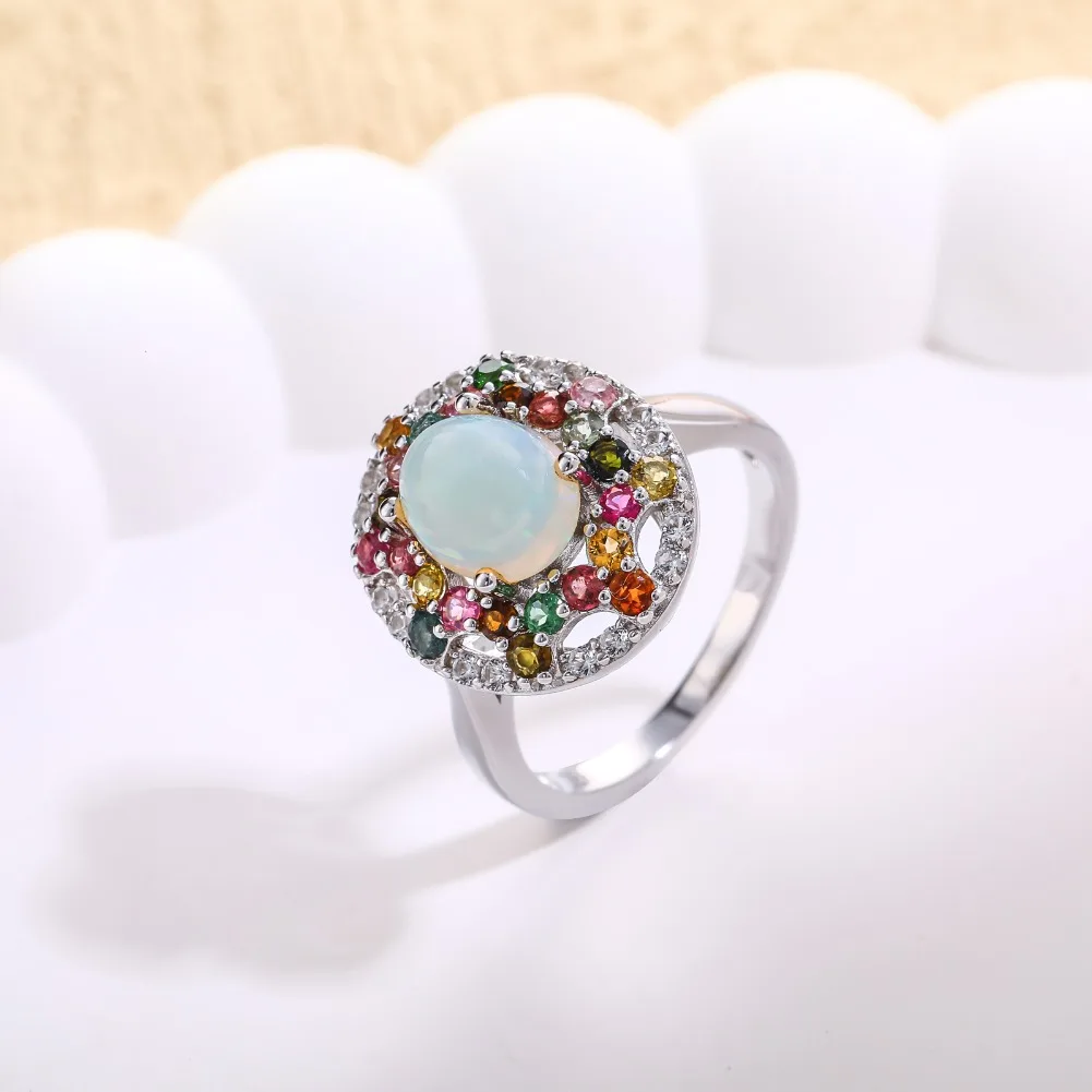 GZ ZONGFA Women's Opal Eternity Ring Natural Opal&Tourmaline Big Gemstone Halo Ring 925 Silver Huggies Engagement Luxury Jewelry