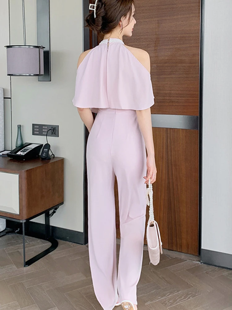 Sweet Elegant Women Jumpsuit Pink Pearl Halterneck Frill Off Shoulder Ruffles Wide Leg Long Femme Rompers Vacation Party Outfit