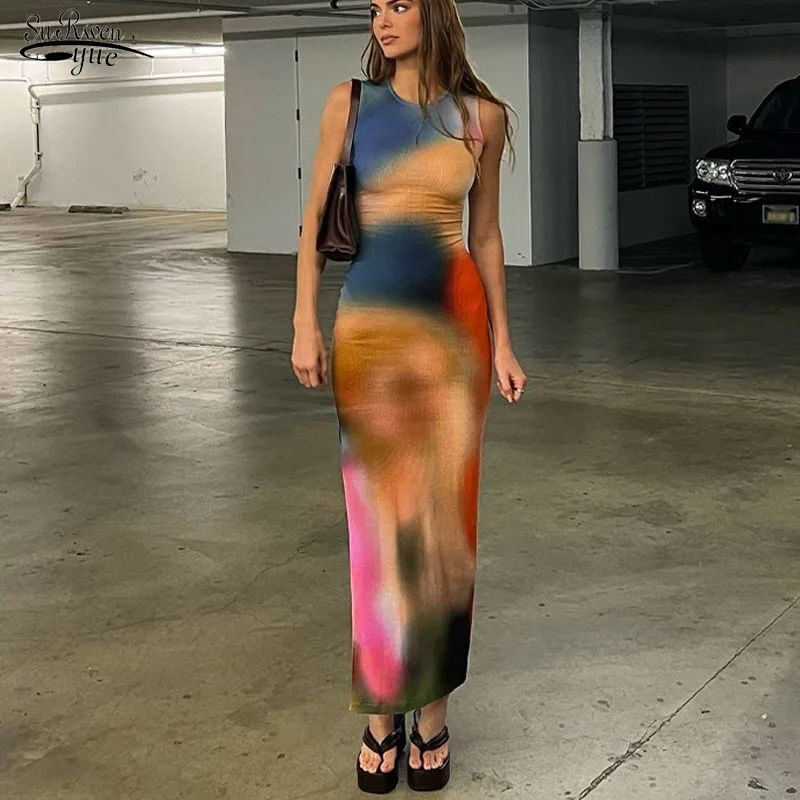 

Elegant Sleeveless Maxi Dress Women Summer 2022 Bodycon Elegant Sexy Tie Dye Outfits Ladies Birthday Party Club Sundress 21799