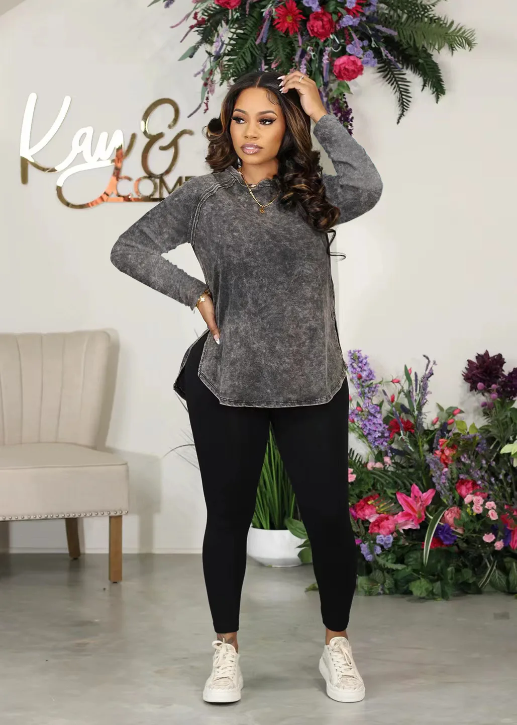 Women's 2 Piece Tracksuit Long Sleeve Side Split Print T-shirts and Jogging Pants Set 2023 Chic Fitness Active Street Sweatsuit