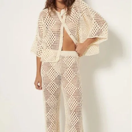 

Summer Beach Bikini Cover Up, Solid Color Knit Grid Sexy Hollow Out Two Piece Set, Women's Swimwear.