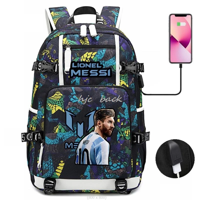 New Messi School Bags Black Notebook Backpack USB Charging Waterproof Women Men Laptop Casual Knapsack Trendy Cool High-capacity