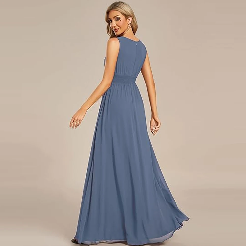 Customized Women's Fall Crew Neck Sleeveless Ruched A Line Hollow Out Sequin Maxi Formal  Wedding Party Dresses