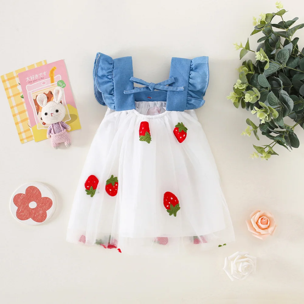 Party Girl Dress Summer Girl Little Flying Sleeve Cowboy Strawberry Embroidered Mesh Cute Sweet Princess Dress