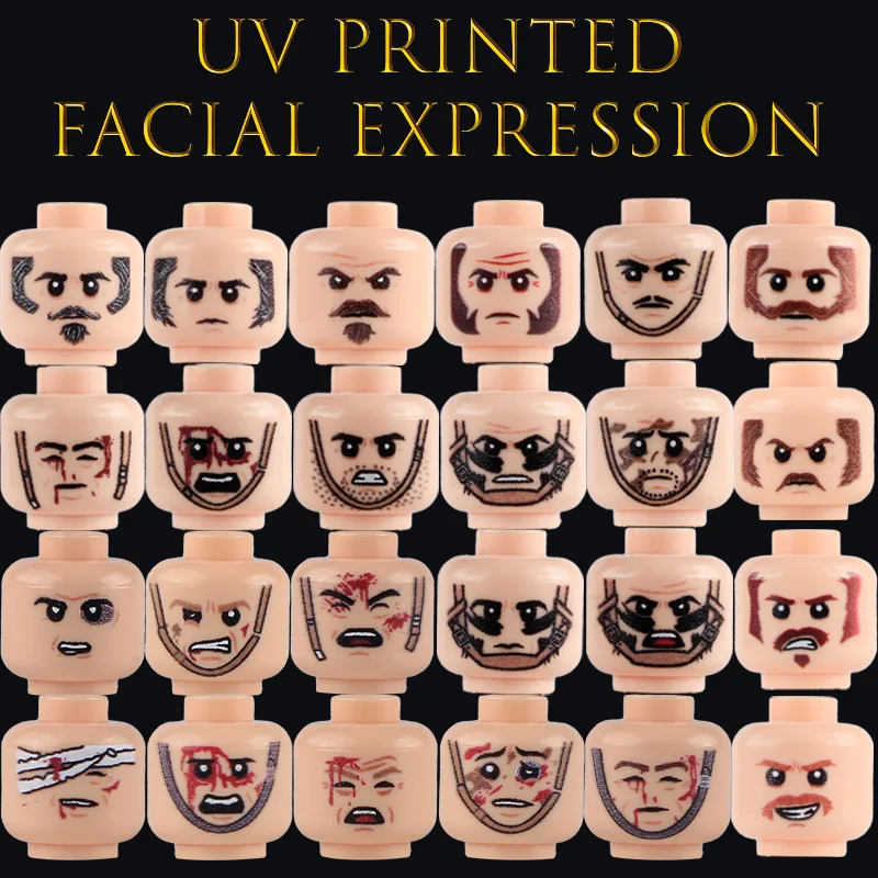 Military Soldiers Figure Injured Face Expression Head Parts Building Block Camo Warrior Helmet Rope Facial UV Printed Bricks Toy