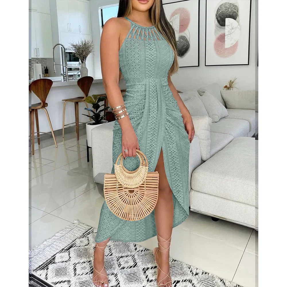 

Women's Halter Tie Criss Cross Front Knit Jacquard Textured Slit Dress Casual Hollow-out Draped Vacation Dress