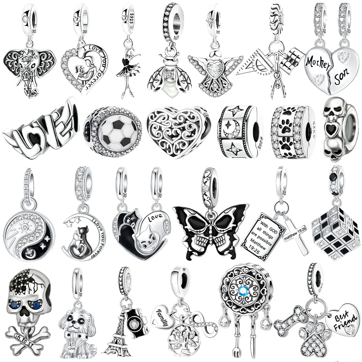 Neue Original 925 Sterling Silber Schwarz Weiß Charms Schädel Katze Pfote Herz Perlen Anhänger fit Armband Halskette DIY Schmuck geschenk