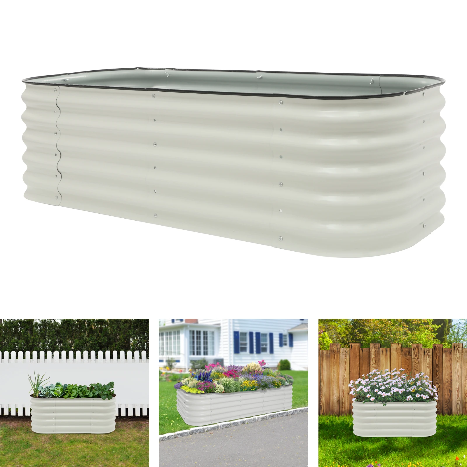 Fioriera Rialzata a Doppia Dimensione - Contenitore in Acciaio Zincato Antiruggine Bianco con Base Aperta per Verdure/Erbe/Ai Fiori