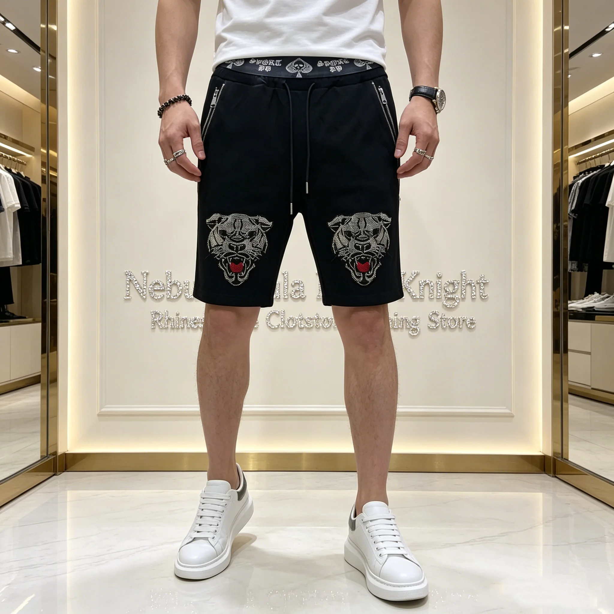 

European Fashion Men Rhinestone Sports Shorts Drawstring Waist Secure Zipper Pocket Casual Daily Running Beach Wear Shorts