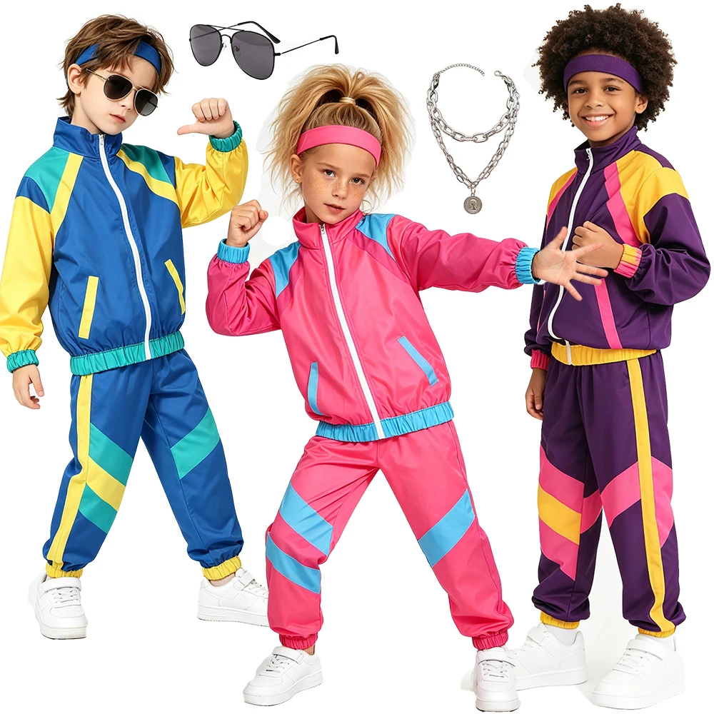 Kids 80s Retro Disco Tracksuit Autumn Boys Girls Colorblock Casual Jacket Pants Set for Halloween Theme Party Festival Costume