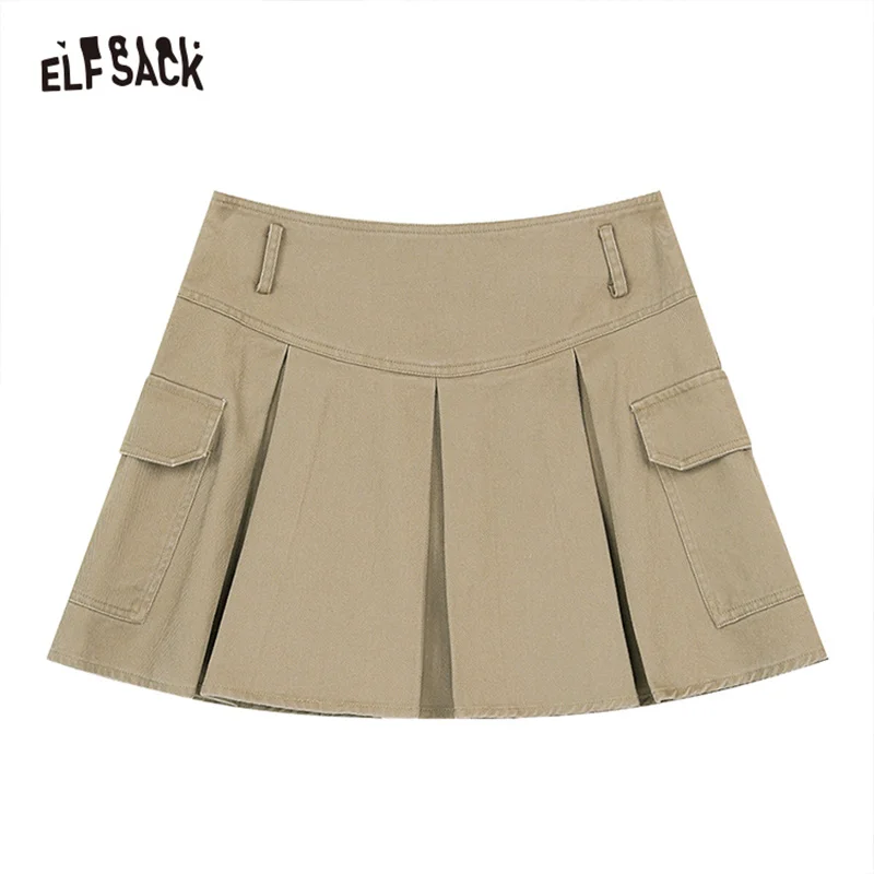 ELFSACK 2024 summer new arrival American style A-line pleated high waist slimming workwear skirt for women