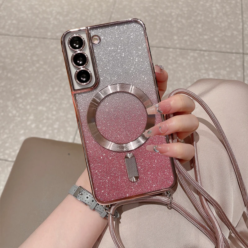 

Ремешок через плечо с чехлом Magsafe для Samsung Galaxy S25 S24 S23 S22 Ultra S23 FE Plus, мягкий чехол с магнитной защитой