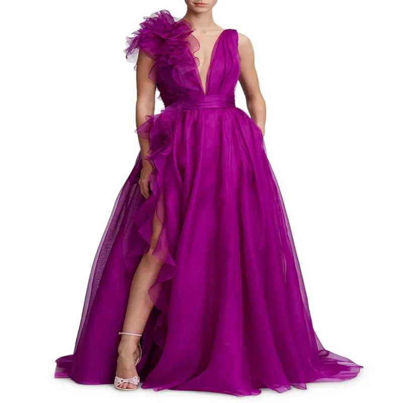 

V Neck Elegant Womens Party Dresses A Line Purple Formal Occasion Dresses On Offer Evening Clearance Side Split Gowns 2024